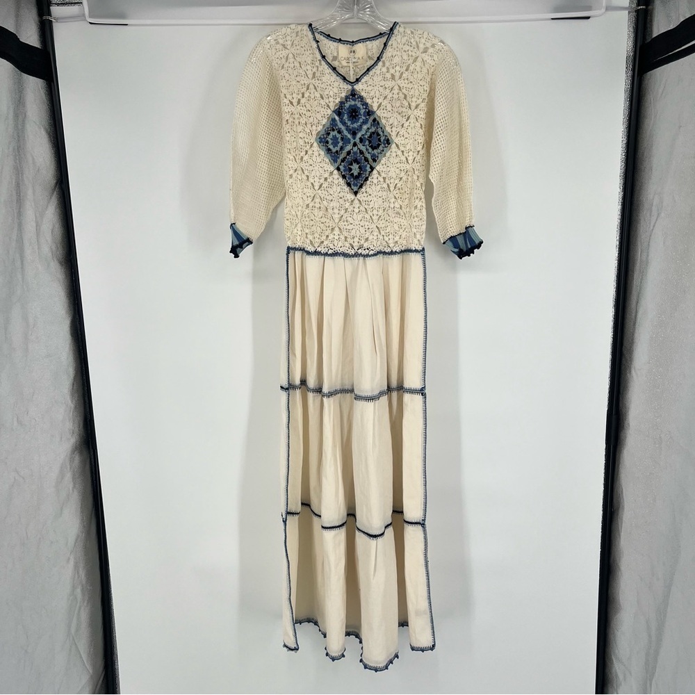 Carolina K Azul Sheer Crochet Cottagecore Bohemian Quarter Sleeve Maxi Dress S - Picture 5 of 16